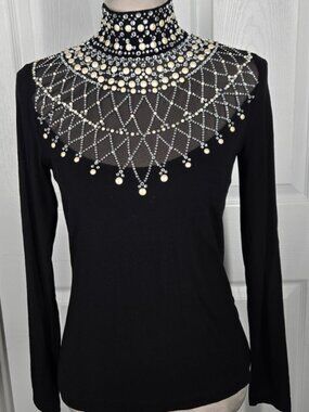 Grayse Embellished Pearl Rhinestone Mesh Mock Neck Top XS Black Glam